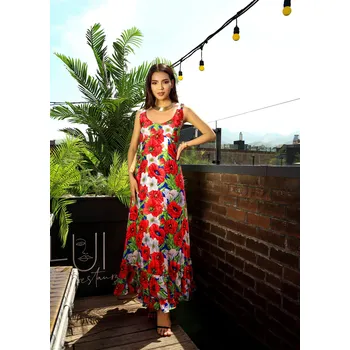 Dámské šaty Himalife Dlouhé šaty s volány Vlčí mák - červená s bílou XXL