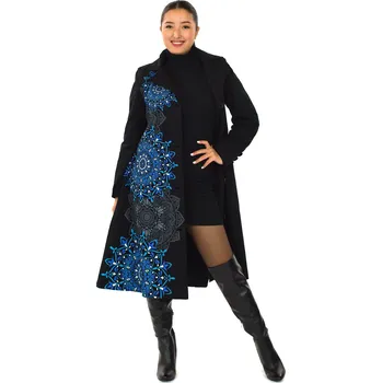 Dámský kabát Himalife Podzimní/zimní kabát Princess - černý s tyrkysovou a šedou Velikost: XL - Móda pro plnoštíhlé, Oblečení nadměrné velikosti