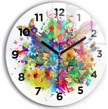 Hodiny Skleněné minimalistické hodiny na zeď Květinová harmonie s motýly průměr 60 cm