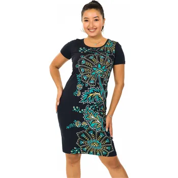 Dámské šaty Himalife Šaty Thiena - černá s tyrkysovou a zlatou Velikost: 3XL - Móda pro plnoštíhlé, Oblečení nadměrné velikosti