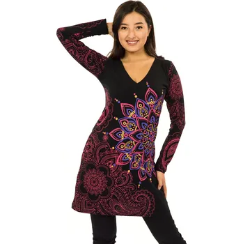 Dámské šaty Himalife Šaty s dlouhým rukávem Angama - černá s růžovou Velikost: XXL - Móda pro plnoštíhlé, Oblečení nadměrné velikosti