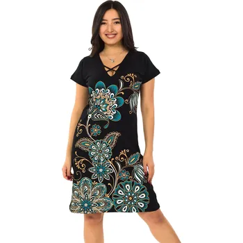 Dámské šaty Himalife Šaty Adana - černá s tyrkysovou a žlutou Velikost: XXL - Móda pro plnoštíhlé, Oblečení nadměrné velikosti