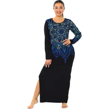 Dámské šaty Himalife Dlouhé šaty s kapsami Nipa - černá s modrou Velikost: 4XL - Móda pro plnoštíhlé, Oblečení nadměrné velikosti