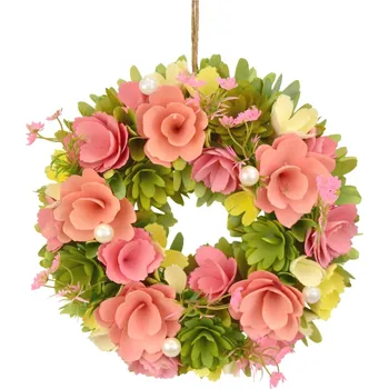 Věnec Jarní věnec z dřevěných kytiček DE-5167 růžový 30 cm