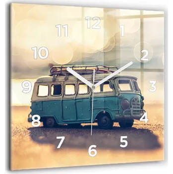 Hodiny Minimalistické Skleněné Nástěnné Hodiny s S Potiskem – Karavan na pláži, 60x60 cm
