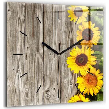 Hodiny Čtvercové skleněné nástěnné hodiny s motivem Slunečnice na prknech 60x60 cm