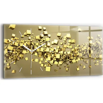 Hodiny Horizontální Skleněné Nástěnné Hodiny Do Kanceláře S Potiskem Zlaté čtverce 60x30 cm