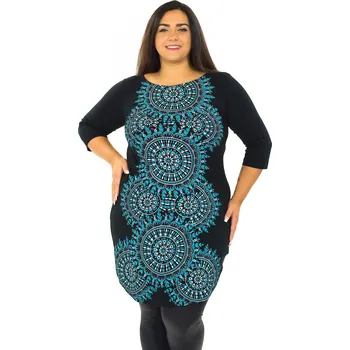 Dámské šaty Himalife Tunika / šaty s 3/4 rukávem Lihue - černá s tyrkysovou Velikost: 4XL - Móda pro plnoštíhlé, Oblečení nadměrné velikosti