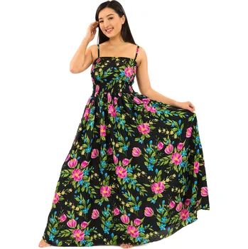 Dámské šaty Himalife Dlouhé šaty s kapsami Luční květy - černá s barvami Velikost: XXL/3XL - Móda pro plnoštíhlé, Oblečení nadměrné velikosti