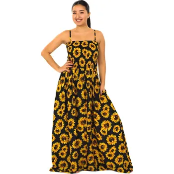 Dámské šaty Himalife Dlouhé šaty s kapsami Slunečnice - černá se žlutou Velikost: S/M