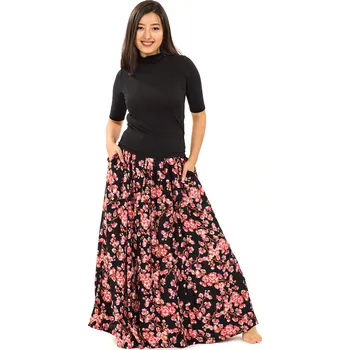 Dámská sukně Himalife Maxi sukně s kapsami Sakura - černá s červenou Velikost: XXL/3XL - Móda pro plnoštíhlé, Oblečení nadměrné velikosti