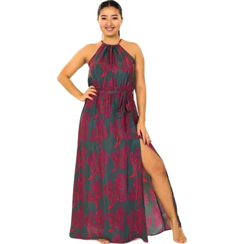 Dámské šaty Himalife Dlouhé šaty s páskem Coral - šedá s červenou Velikost: XXL/3XL - Móda pro plnoštíhlé, Oblečení nadměrné velikosti