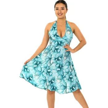 Dámské šaty Himalife Šaty se zavazováním za krk Nala - tyrkysová s bílou Velikost: 4XL/5XL - Móda pro plnoštíhlé, Oblečení nadměrné velikosti