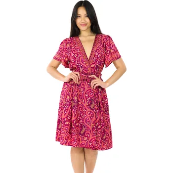 Dámské šaty Himalife Zavinovací šaty s krátkým rukávem Paisley -vínová s růžovou Velikost: 4XL/5XL - Móda pro plnoštíhlé, Oblečení nadměrné velikosti