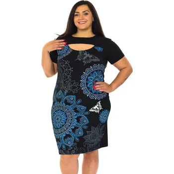 Dámské šaty Himalife Šaty Alara - černá s modrou Velikost: 3XL - Móda pro plnoštíhlé, Oblečení nadměrné velikosti