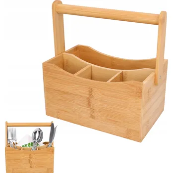 Úložný box Košík na příbory a kuchyňské náčiní, bambusový stojan s rukojetí