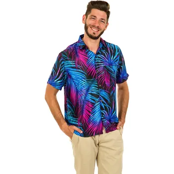 Pánská košile Himalife Pánská košile Listy - tyrkysová s fialovou Velikost: XL - Móda pro plnoštíhlé, Oblečení nadměrné velikosti