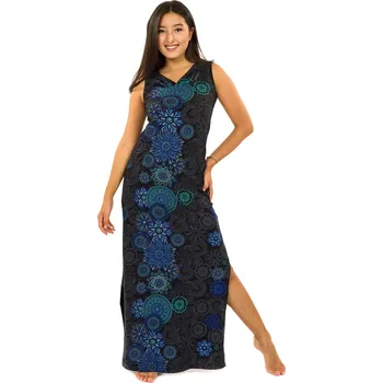 Dámské šaty Himalife Dlouhé šaty s kapucí Sharma - černá s modrou Velikost: XL - Móda pro plnoštíhlé, Oblečení nadměrné velikosti