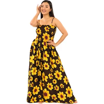 Dámské šaty Himalife Dlouhé šaty s kapsami Vesna - hnědá se žlutou Velikost: XXL/3XL - Móda pro plnoštíhlé, Oblečení nadměrné velikosti