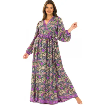 Dámské šaty Himalife Zavinovací šaty s dlouhým rukávem Paisley - tmavě zelená s fialovou Velikost: L/XL - Móda pro plnoštíhlé, Oblečení nadměrné velikosti