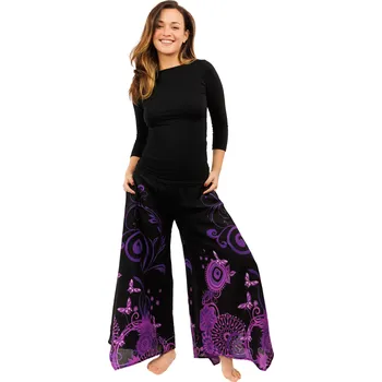 Dámské kalhoty Himalife Široké kalhoty Suwa - černá s fialovou Velikost: 4XL/5XL - Móda pro plnoštíhlé, Oblečení nadměrné velikosti