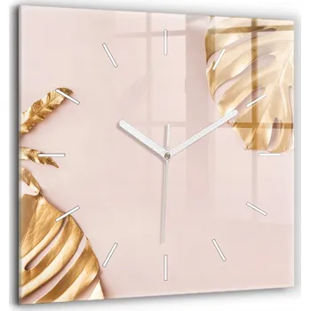 Hodiny Čtvercové Skleněné Nástěnné Hodiny do Kanceláře Zlaté tropické listy 60x60 cm