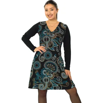 Dámské šaty Himalife Šaty s dlouhým rukávem Samara - černá s tyrkysovou a bílou Velikost: XL - Móda pro plnoštíhlé, Oblečení nadměrné velikosti