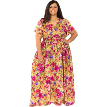 Dámské šaty Himalife Dlouhé zavinovací šaty Flora - žluté s barvami Velikost: XXL/3XL - Móda pro plnoštíhlé, Oblečení nadměrné velikosti