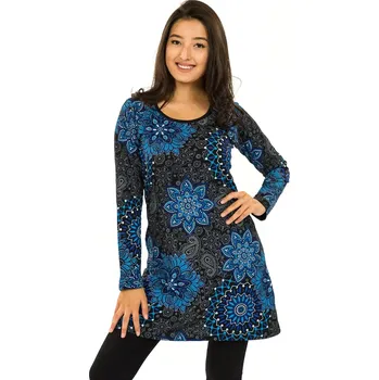 Dámské šaty Himalife Šaty s dlouhým rukávem Sambora - černá s modrou Velikost: 3XL - Móda pro plnoštíhlé, Oblečení nadměrné velikosti