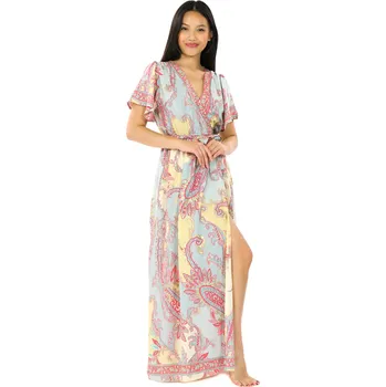 Dámské šaty Himalife Dlouhé zavinovací šaty Paisley - světle šedá se žlutou Velikost: S/M