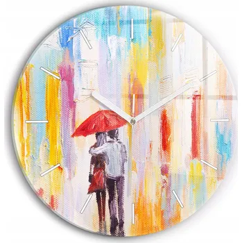 Hodiny Moderní skleněné nástěnné hodiny s potiskem Pár v dešti kulatý průměr 30 cm