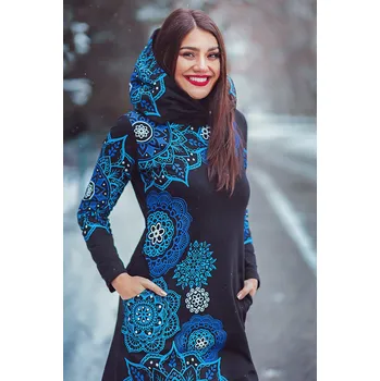 Dámská mikina Himalife Šatomikina s maxi kapucí Ailana - černá s modrou Velikost: 3XL - Móda pro plnoštíhlé, Oblečení nadměrné velikosti