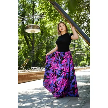 Dámská sukně Himalife Maxi sukně s kapsami Bella - černá s růžovou a modrou Velikost: XXL/3XL - Móda pro plnoštíhlé, Oblečení nadměrné velikosti