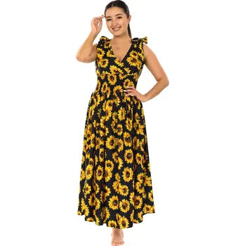 Dámské šaty Himalife Šaty se širokými ramínky Slunečnice - černá se žlutou Velikost: XXL/3XL - Móda pro plnoštíhlé, Oblečení nadměrné velikosti
