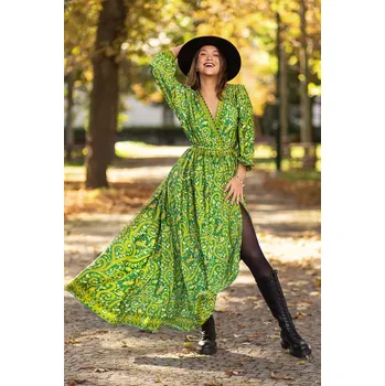 Dámské šaty Himalife Zavinovací šaty s dlouhým rukávem Paisley - zelená se žlutou Velikost: XXL/3XL - Móda pro plnoštíhlé, Oblečení nadměrné velikosti