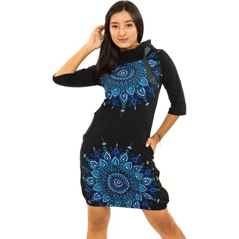 Dámské šaty Himalife Balonové šaty s límcem Tara - černá s modrou Velikost: XXL - Móda pro plnoštíhlé, Oblečení nadměrné velikosti