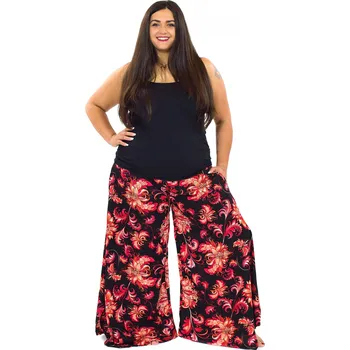 Dámské kalhoty Himalife Široké kalhoty Rauna - černá s červenou Velikost: 4XL - Móda pro plnoštíhlé, Oblečení nadměrné velikosti