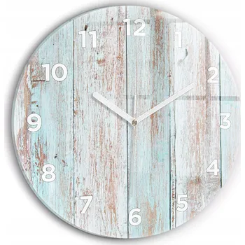 Hodiny Moderní skleněné hodiny s grafikou na zeď Pastelové dřevo kulatý průměr 30 cm