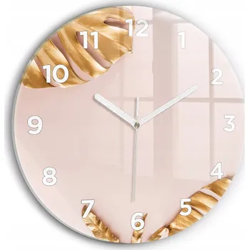 Hodiny Moderní skleněné hodiny s grafikou na zeď Zlaté tropické listy průměr 30 cm