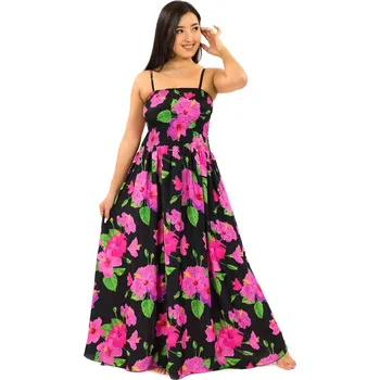 Dámské šaty Himalife Dlouhé šaty s kapsami Ibišek - černá s růžovou Velikost: S/M