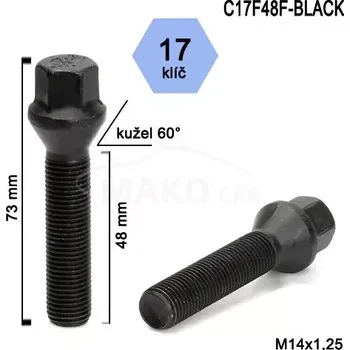 Šroubek na kolo Kolový šroub M14x1,25x48mm, dosedací plocha kužel, klíč 17, černý (Šroub na kola)