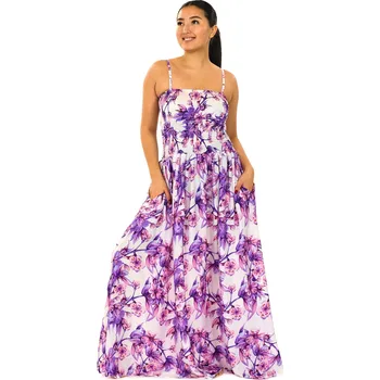 Dámské šaty Himalife Dlouhé šaty s kapsami Sakura - bílé s fialovou a růžovou Velikost: XXL/3XL - Móda pro plnoštíhlé, Oblečení nadměrné velikosti