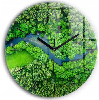 Hodiny Čtvercové Skleněné Nástěnné Hodiny do Kanceláře s Motivem Řeka v lese fi60 cm