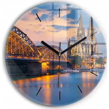 Hodiny Čtvercové Skleněné Nástěnné Hodiny do Kanceláře s Grafikou Pohled na radnici fi30 cm