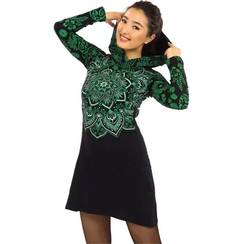 Dámské šaty Himalife Šaty s kapucí Lanikai - černá se zelenou Velikost: XXL - Móda pro plnoštíhlé, Oblečení nadměrné velikosti