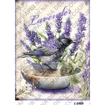 Výtvarný papír Rýžový a soft papír na decoupage - Ptáček s levandulí - KB0489 Materiál: Rýžový papír, Rozměr: A4