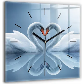Hodiny Minimalistické Skleněné Nástěnné Hodiny s S Potiskem Labutě v srdci 60x60 cm