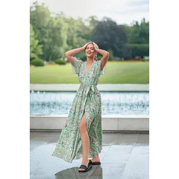Dámské šaty Himalife Dlouhé zavinovací šaty Paisley - limetka s barvami Velikost: XXL/3XL - Móda pro plnoštíhlé, Oblečení nadměrné velikosti