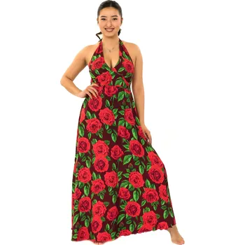 Dámské šaty Himalife Šaty se zavazováním za krk Růže - hnědá s červenou Velikost: XXL/3XL - Móda pro plnoštíhlé, Oblečení nadměrné velikosti