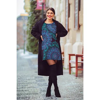 Dámské šaty Himalife Šaty s dlouhým rukávem Adra - černá s tyrkysovou a fialovou Velikost: 3XL - Móda pro plnoštíhlé, Oblečení nadměrné velikosti